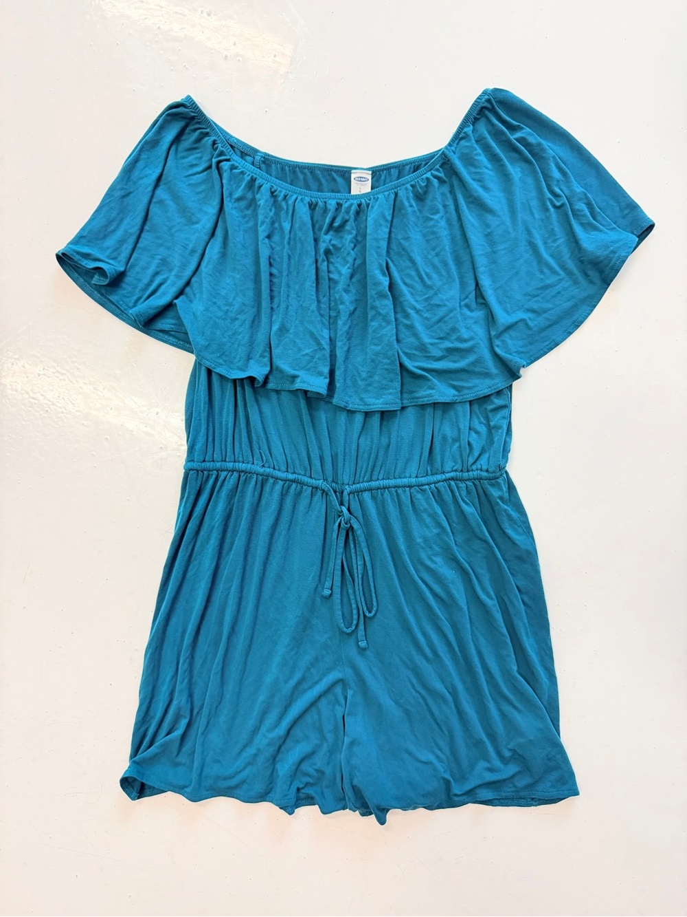Old Navy teal blue off the shoulder playsuit with ruffle detail, size L